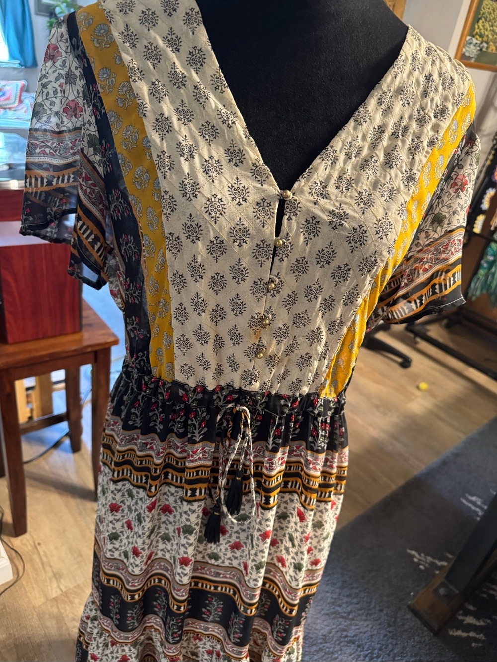 Anthropologie Boho Maxi Dress in Black, Cream & Mustard - Picture 2 of 8